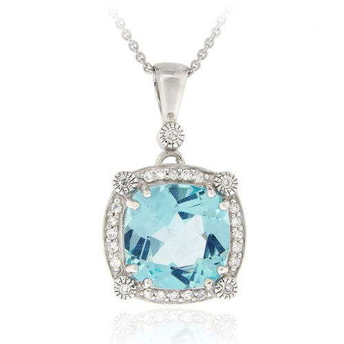 Sterling Silver 7.55 CT. TGW Blue Topaz & CZ Square Pendant