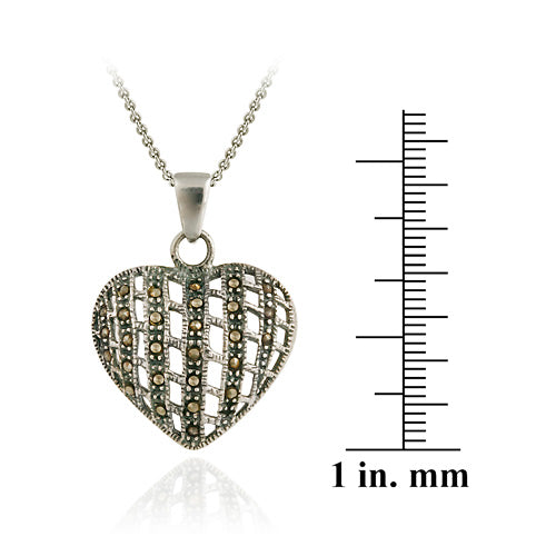 Sterling Silver Marcasite Woven Puffed Heart Pendant-3