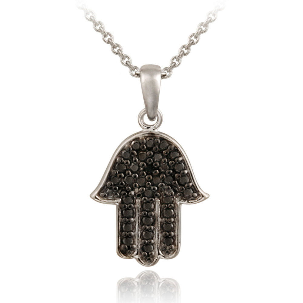 Sterling Silver Black Diamond Accent Hamsa Hand Pendant