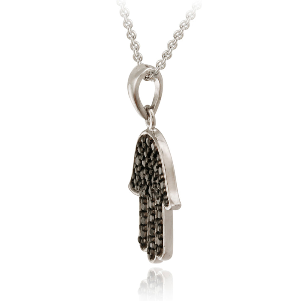 Sterling Silver Black Diamond Accent Hamsa Hand Pendant-2