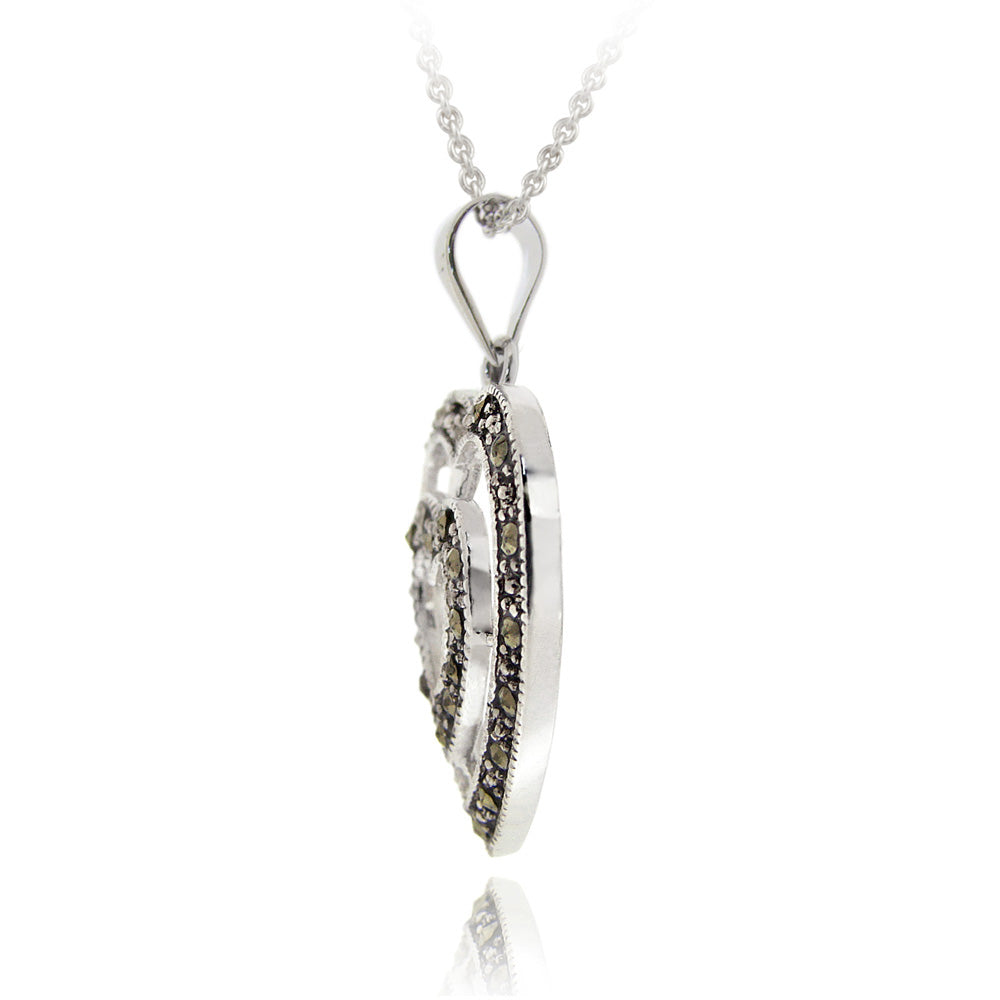 Sterling Silver Marcasite Double Heart Pendant-2