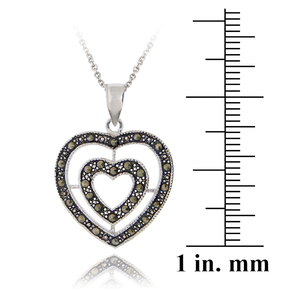 Sterling Silver Marcasite Double Heart Pendant-3
