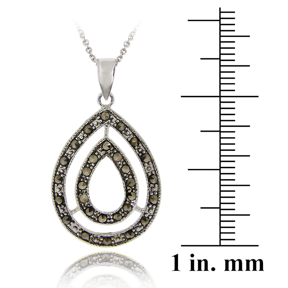 Sterling Silver Marcasite Double Teardrop Pendant-3