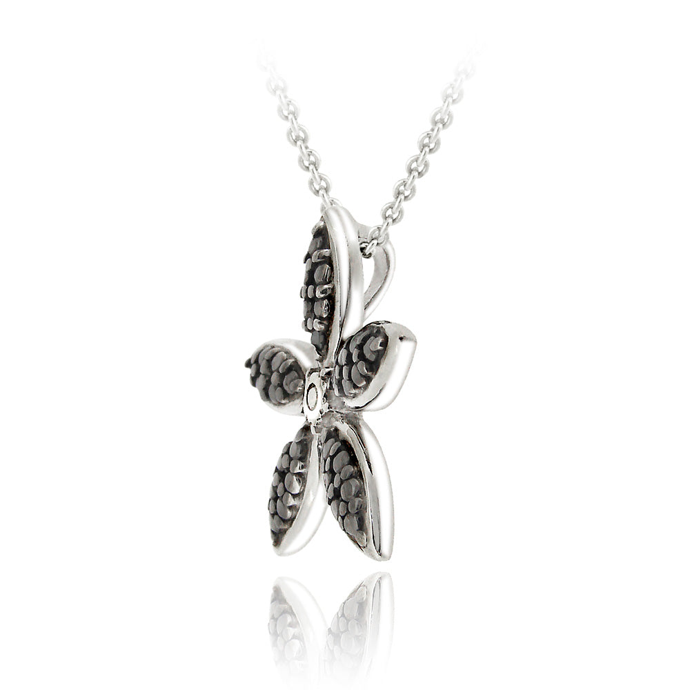 Sterling Silver Black Diamond Accent Flower Pendant-2