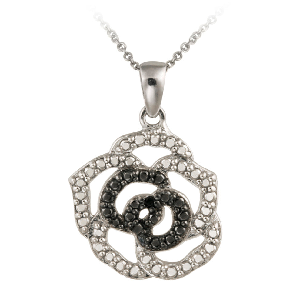 Sterling Silver Black Diamond Accent Rose Flower Pendant
