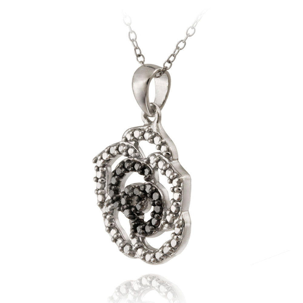 Sterling Silver Black Diamond Accent Rose Flower Pendant-2