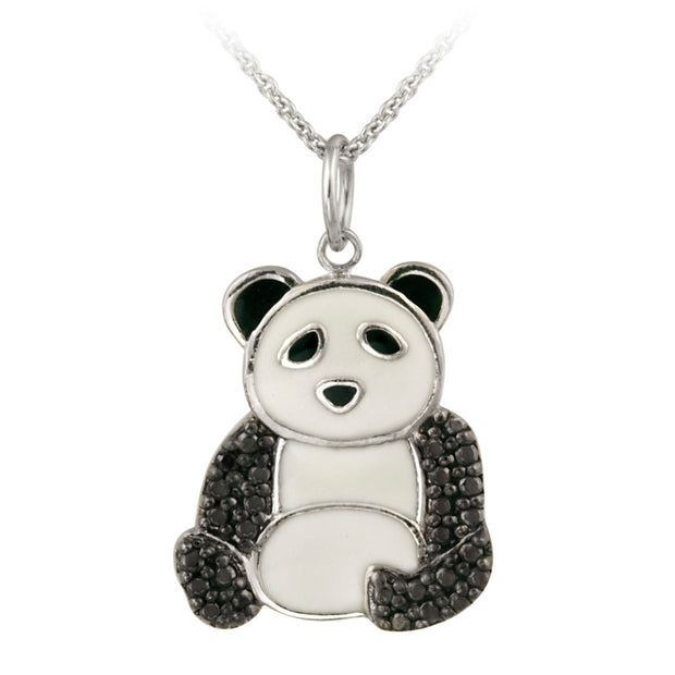 Sterling Silver Black Diamond Accent Enamel Panda Bear Pendant