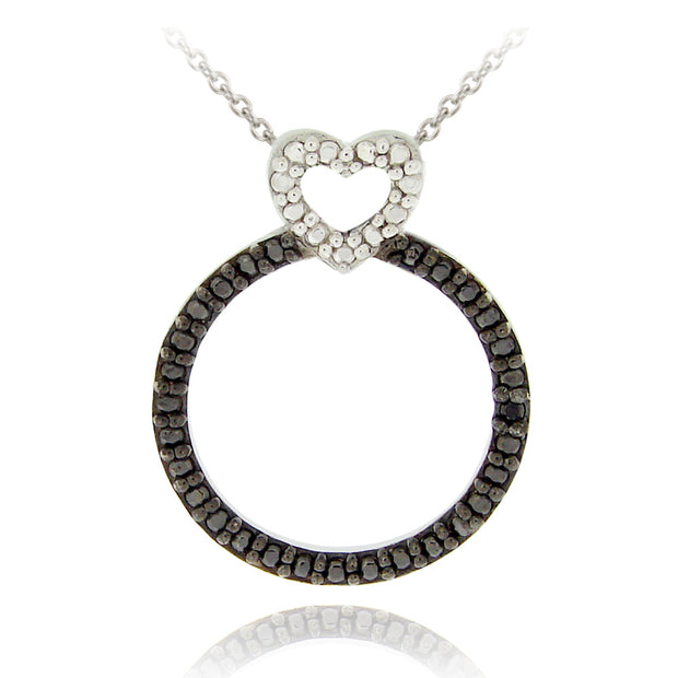 Sterling Silver Black Diamond Accent Heart on Circle Pendant