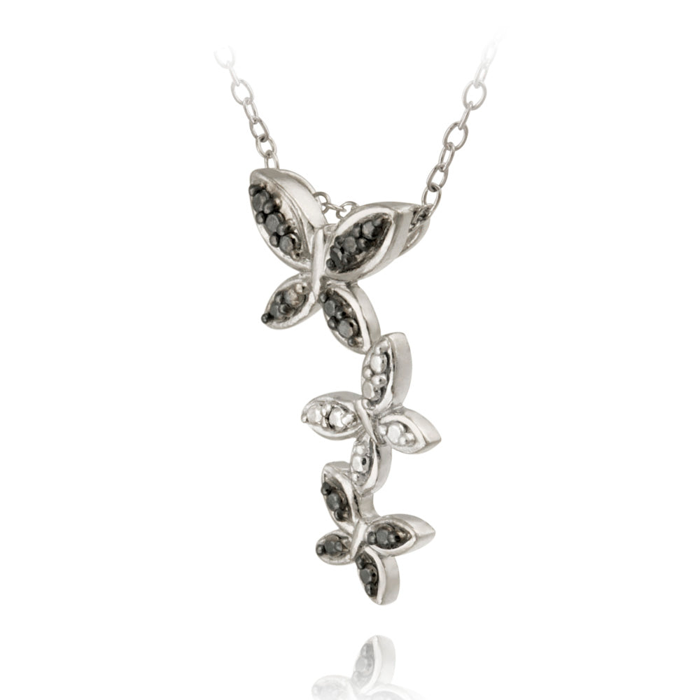 Sterling Silver Black Diamond Accent Triple Butterfly Pendant-2