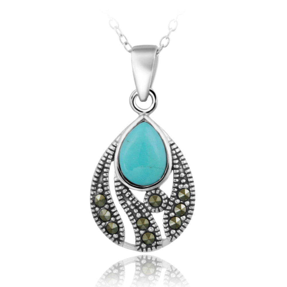 Sterling Silver Created Turquoise & Marcasite Teardrop Pendant