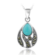 Sterling Silver Created Turquoise & Marcasite Teardrop Pendant