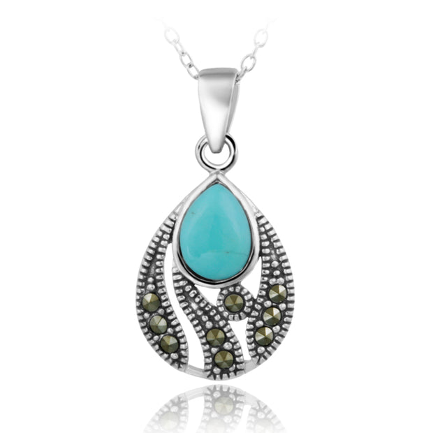 Sterling Silver Created Turquoise & Marcasite Teardrop Pendant