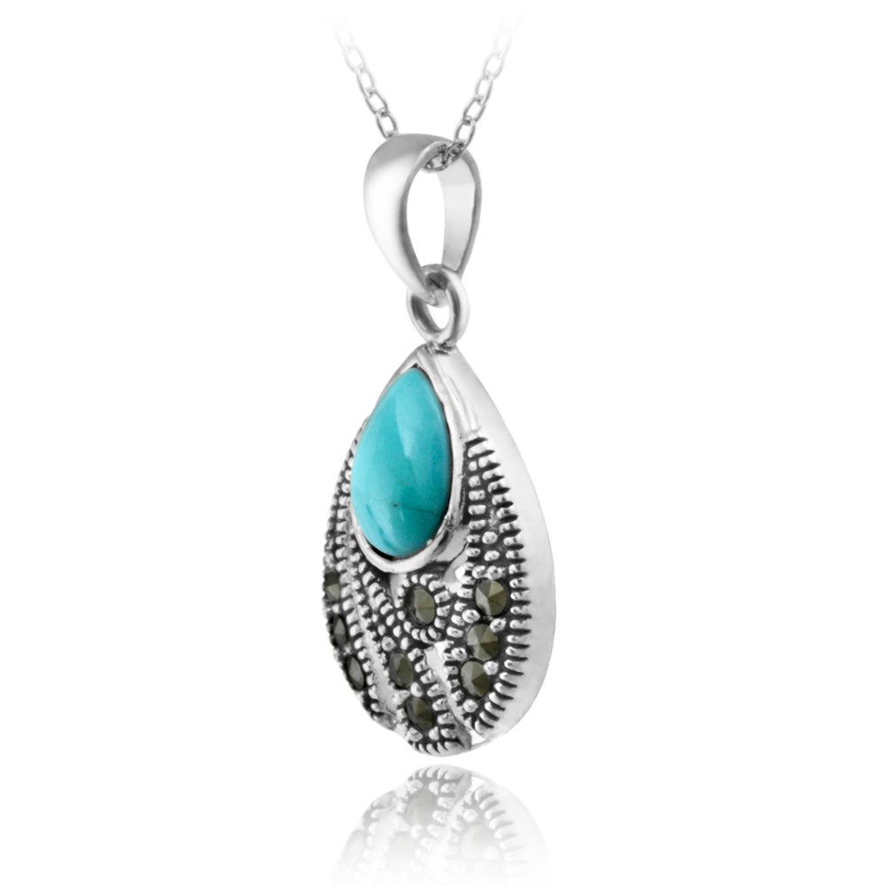 Sterling Silver Created Turquoise & Marcasite Teardrop Pendant-2