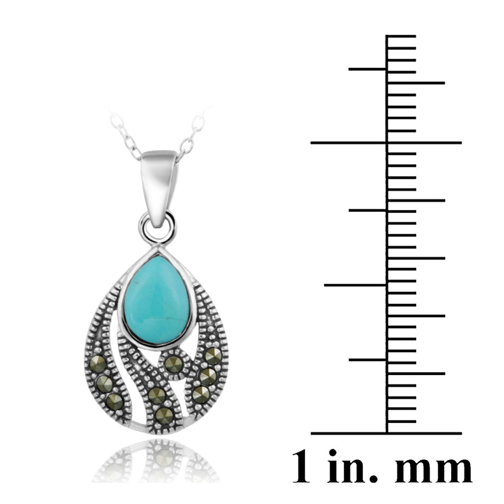 Sterling Silver Created Turquoise & Marcasite Teardrop Pendant-3