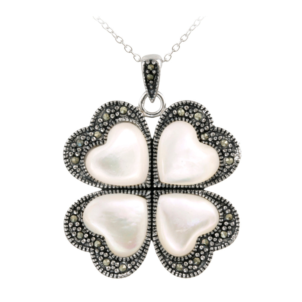 Sterling Silver Mother of Pearl & Marcasite Heart Flower Pendant