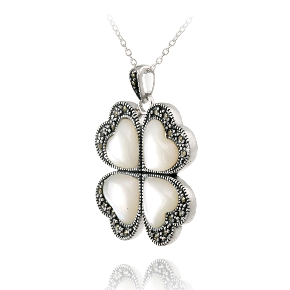 Sterling Silver Mother of Pearl & Marcasite Heart Flower Pendant-2