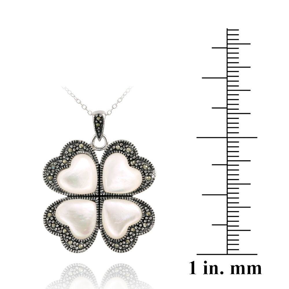 Sterling Silver Mother of Pearl & Marcasite Heart Flower Pendant-3