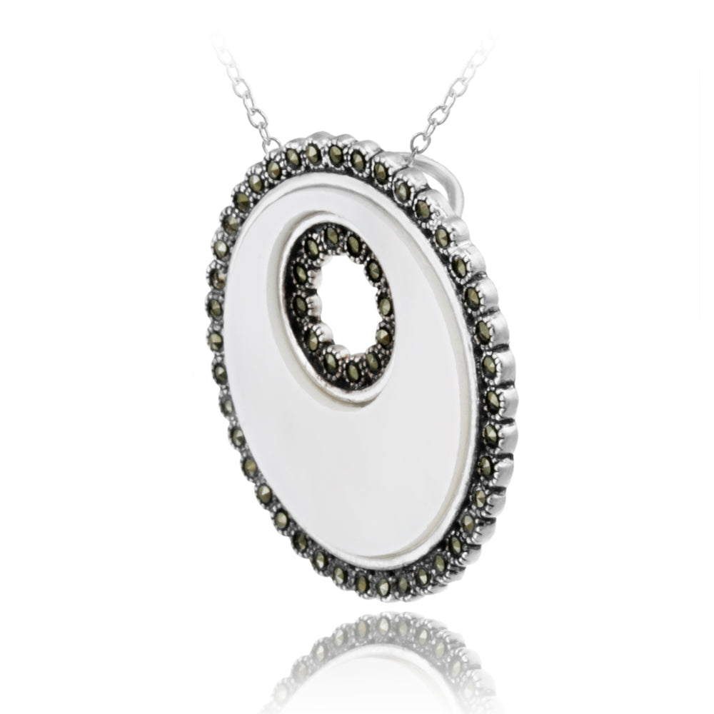 Sterling Silver Mother of Pearl & Marcasite Disc Pendant-2