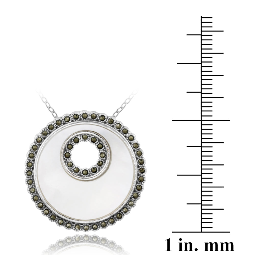 Sterling Silver Mother of Pearl & Marcasite Disc Pendant-3