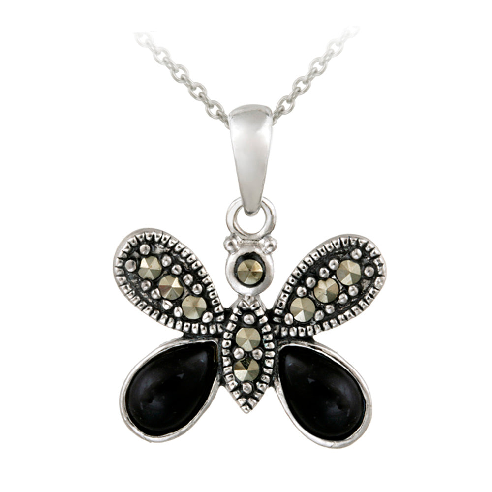 Sterling Silver Marcasite & Onyx Butterfly Pendant