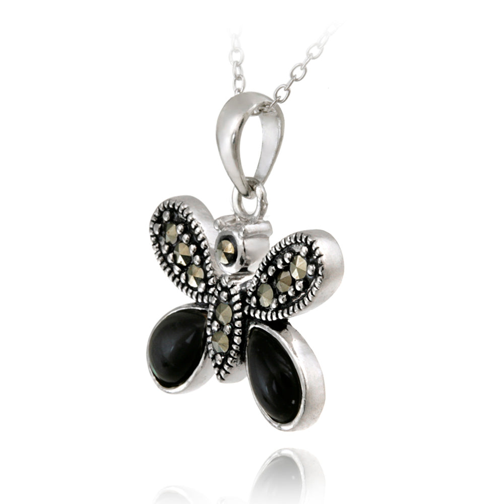 Sterling Silver Marcasite & Onyx Butterfly Pendant-2