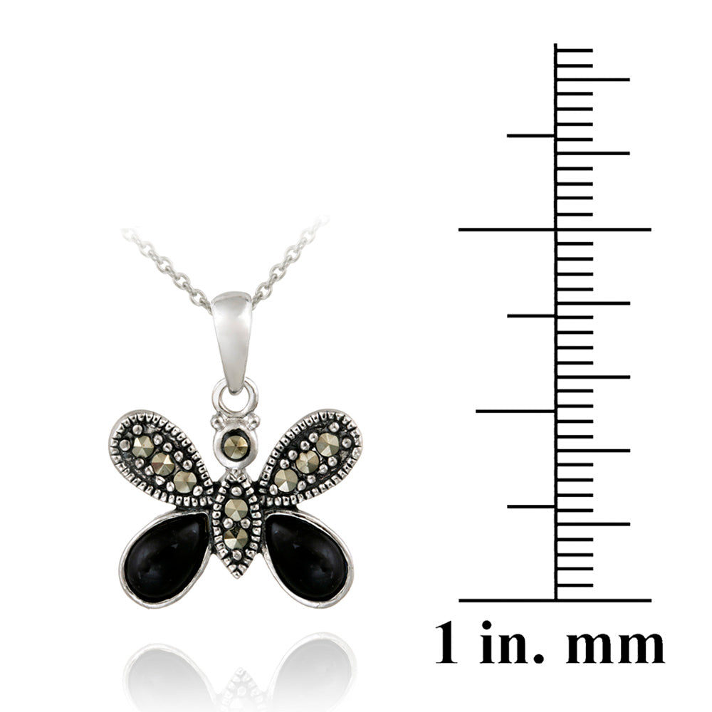 Sterling Silver Marcasite & Onyx Butterfly Pendant-3