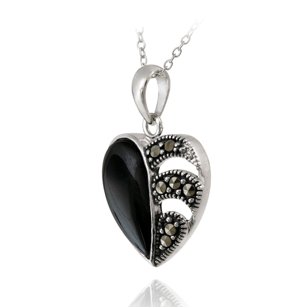 Sterling Silver Marcasite & Onyx Heart Pendant-2