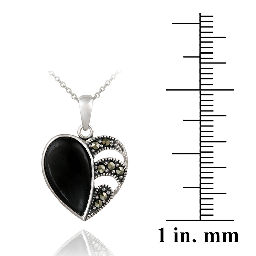 Sterling Silver Marcasite & Onyx Heart Pendant-3