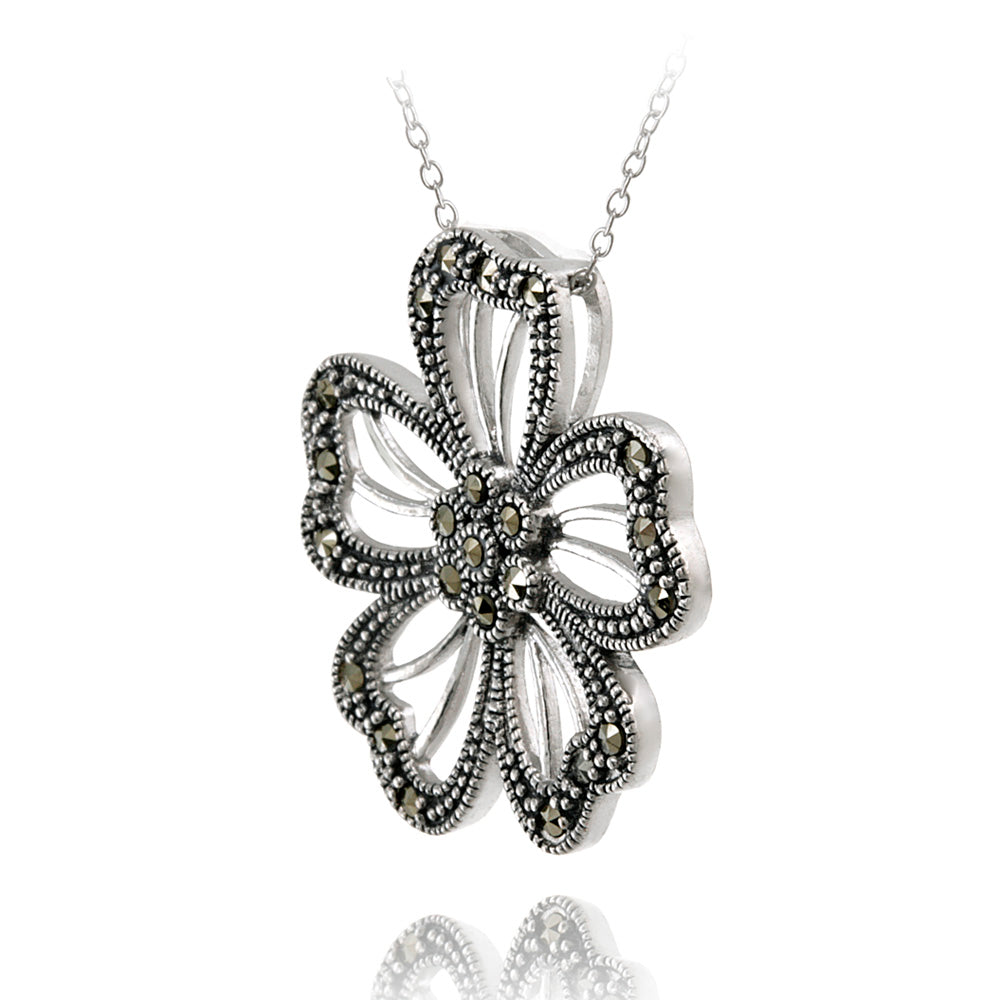 Sterling Silver  Marcasite Flower Slide Pendant-2