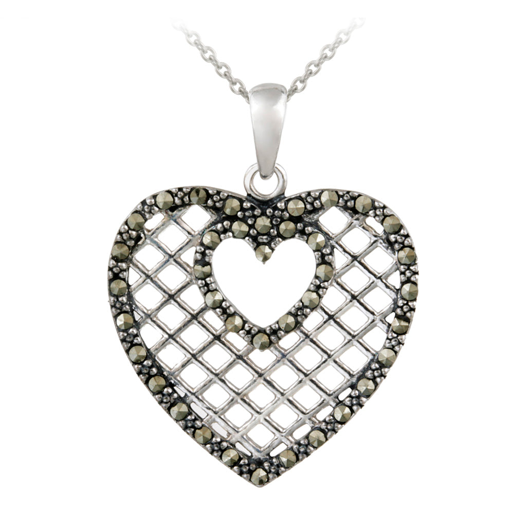 Sterling Silver Marcasite Grid Heart Pendant-2