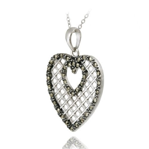Sterling Silver Marcasite Grid Heart Pendant-5