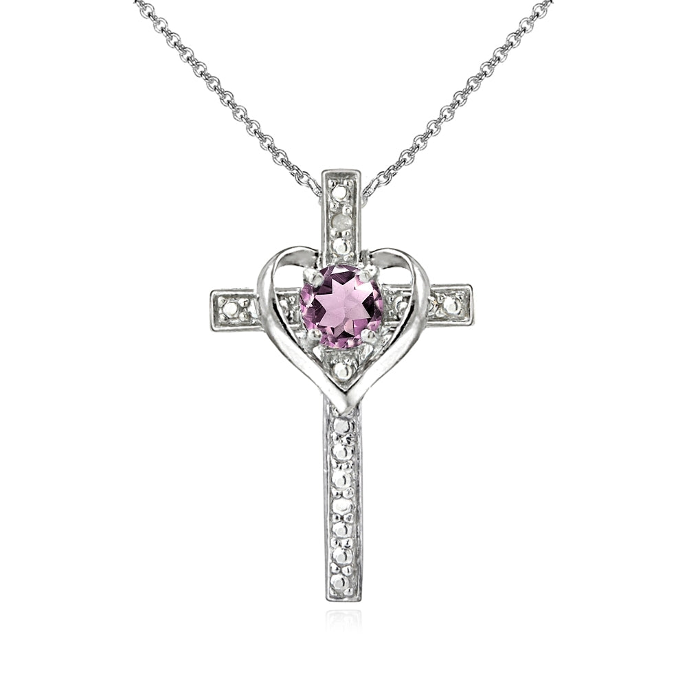 Sterling Silver Created Alexandrite Cross Heart Pendant Necklace for Girls, Teens or Women