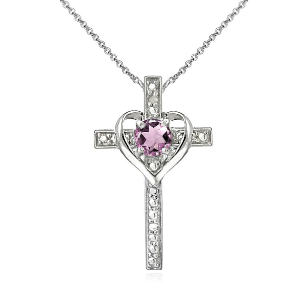 Sterling Silver Created Alexandrite Cross Heart Pendant Necklace for Girls, Teens or Women