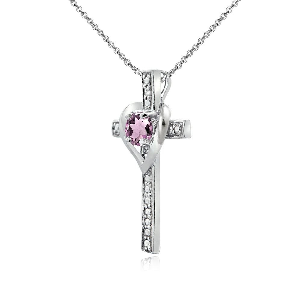 Sterling Silver Created Alexandrite Cross Heart Pendant Necklace for Girls, Teens or Women-2
