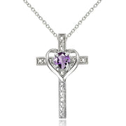 Sterling Silver Amethyst Cross Heart Pendant Necklace for Girls, Teens or Women