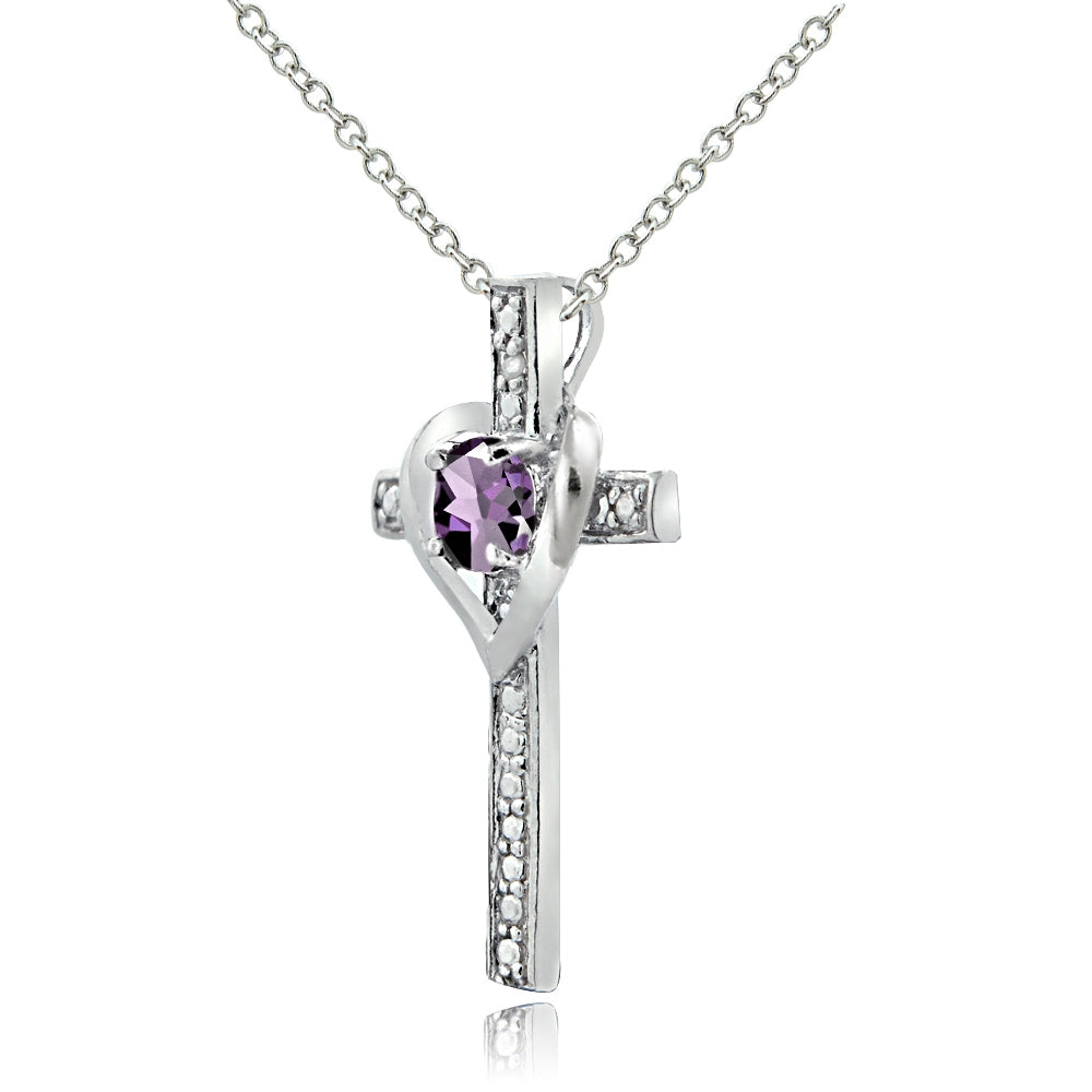 Sterling Silver Amethyst Cross Heart Pendant Necklace for Girls, Teens or Women-2