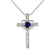 Sterling Silver Created Blue Sapphire Cross Heart Pendant Necklace for Girls, Teens or Women