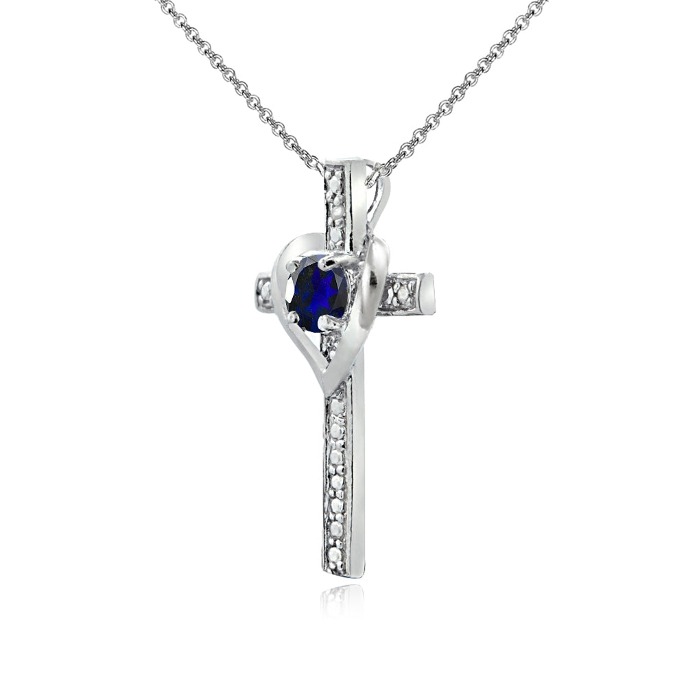Sterling Silver Created Blue Sapphire Cross Heart Pendant Necklace for Girls, Teens or Women-2