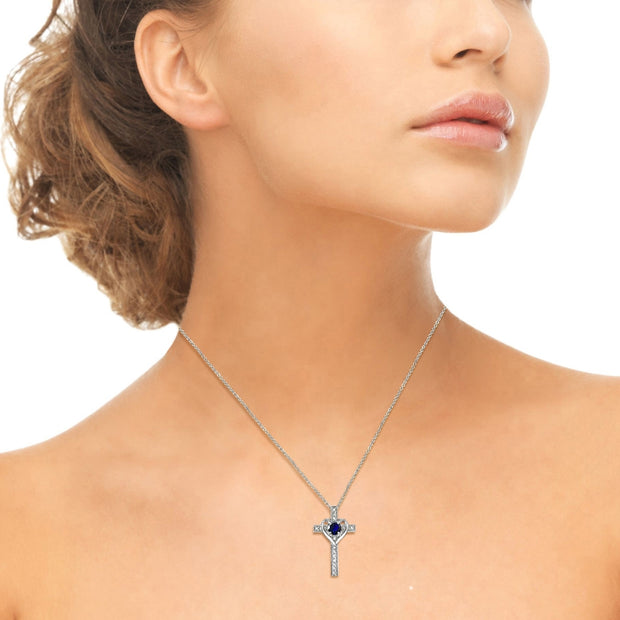 Sterling Silver Created Blue Sapphire Cross Heart Pendant Necklace for Girls, Teens or Women
