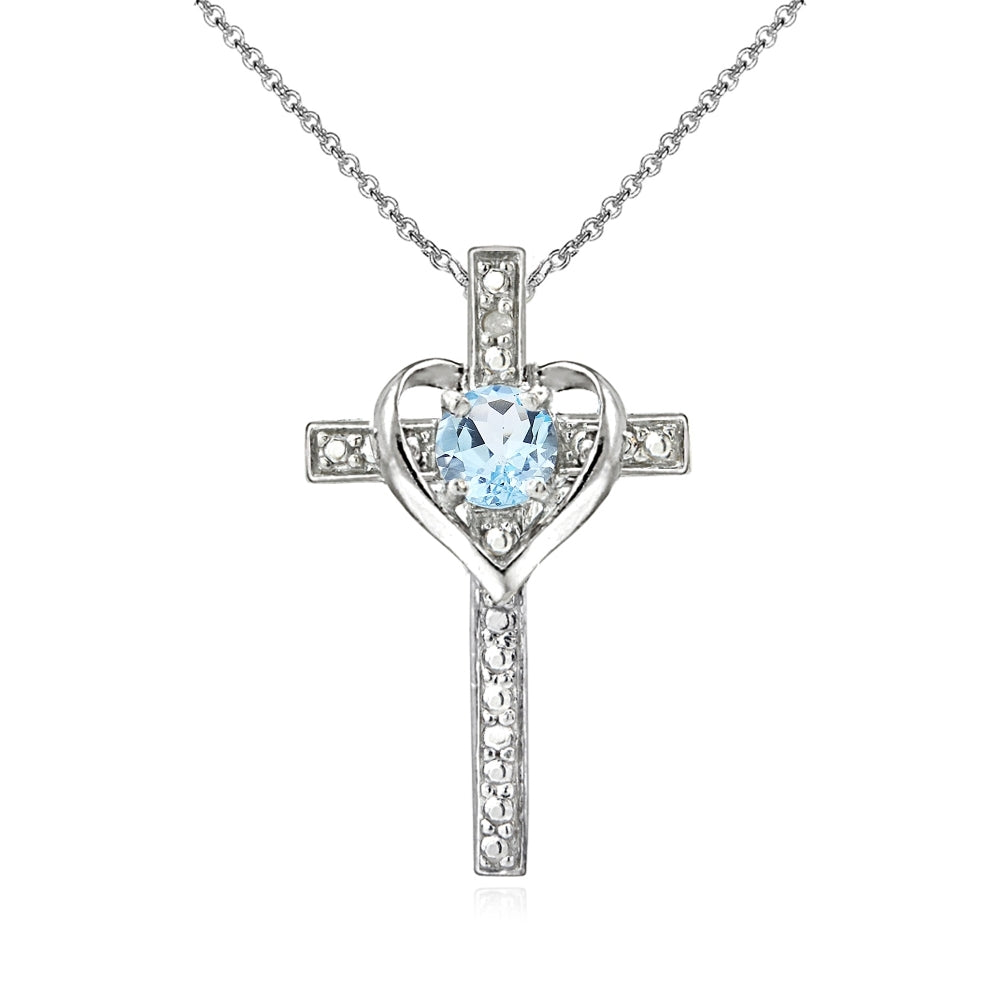 Sterling Silver Blue Topaz Cross Heart Pendant Necklace for Girls, Teens or Women