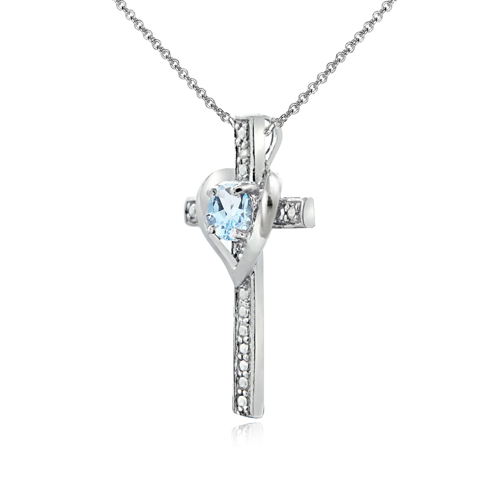 Sterling Silver Blue Topaz Cross Heart Pendant Necklace for Girls, Teens or Women-2
