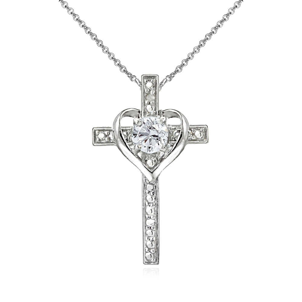 Sterling Silver Created White Sapphire Cross Heart Pendant Necklace for Girls, Teens or Women