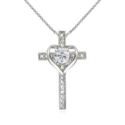 Sterling Silver Created White Sapphire Cross Heart Pendant Necklace for Girls, Teens or Women
