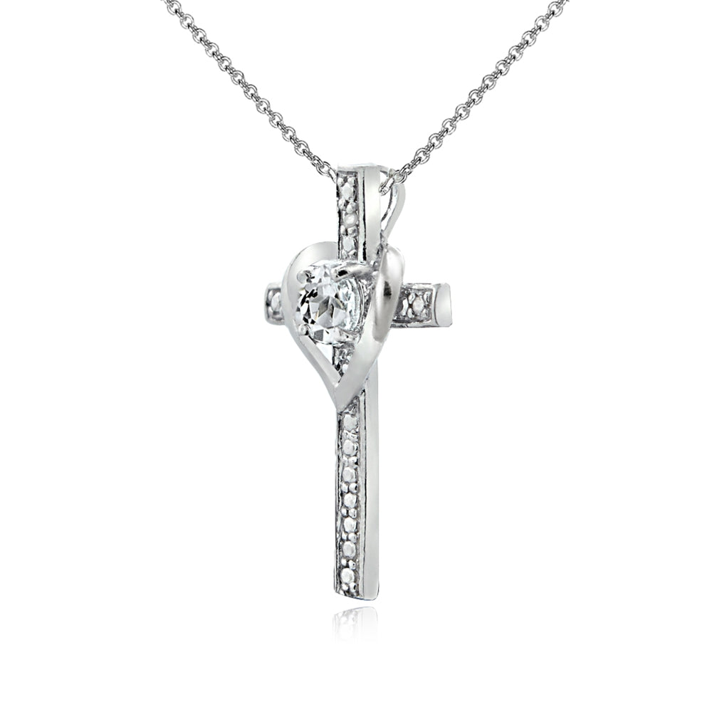 Sterling Silver Created White Sapphire Cross Heart Pendant Necklace for Girls, Teens or Women-2