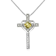Sterling Silver Citrine Cross Heart Pendant Necklace for Girls, Teens or Women