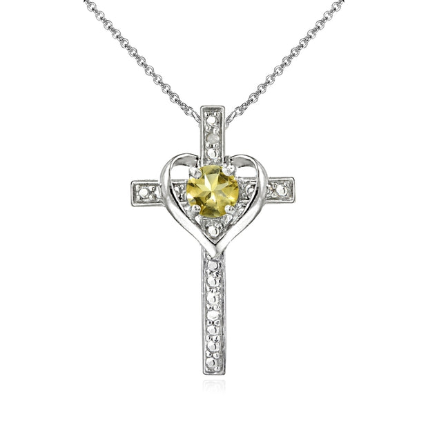 Sterling Silver Citrine Cross Heart Pendant Necklace for Girls, Teens or Women