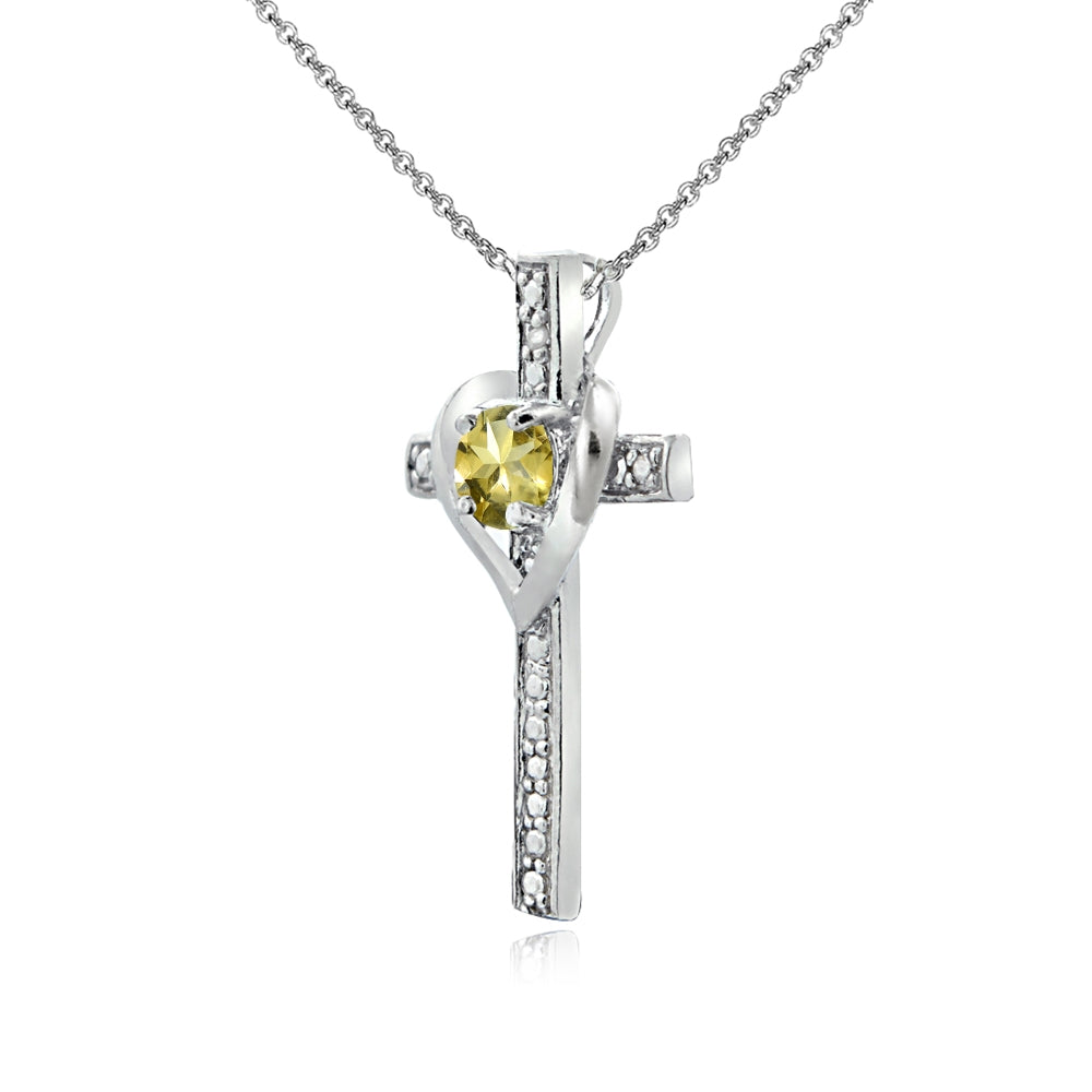 Sterling Silver Citrine Cross Heart Pendant Necklace for Girls, Teens or Women-2