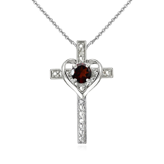 Sterling Silver Garnet Cross Heart Pendant Necklace for Girls, Teens or Women