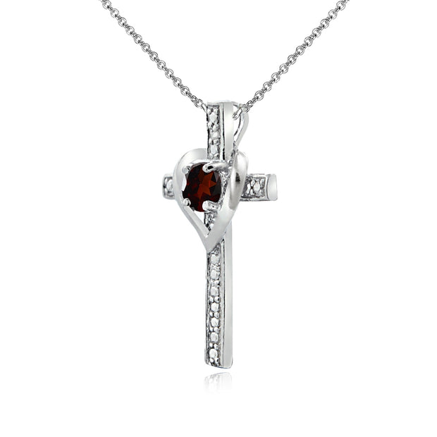Sterling Silver Garnet Cross Heart Pendant Necklace for Girls, Teens or Women