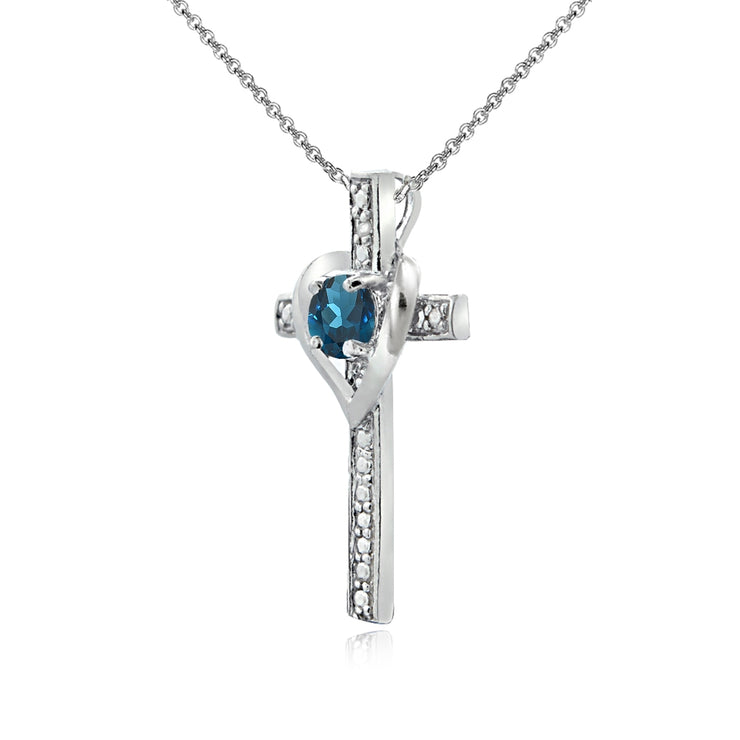 Sterling Silver London Blue Topaz Cross Heart Pendant Necklace for Girls, Teens or Women